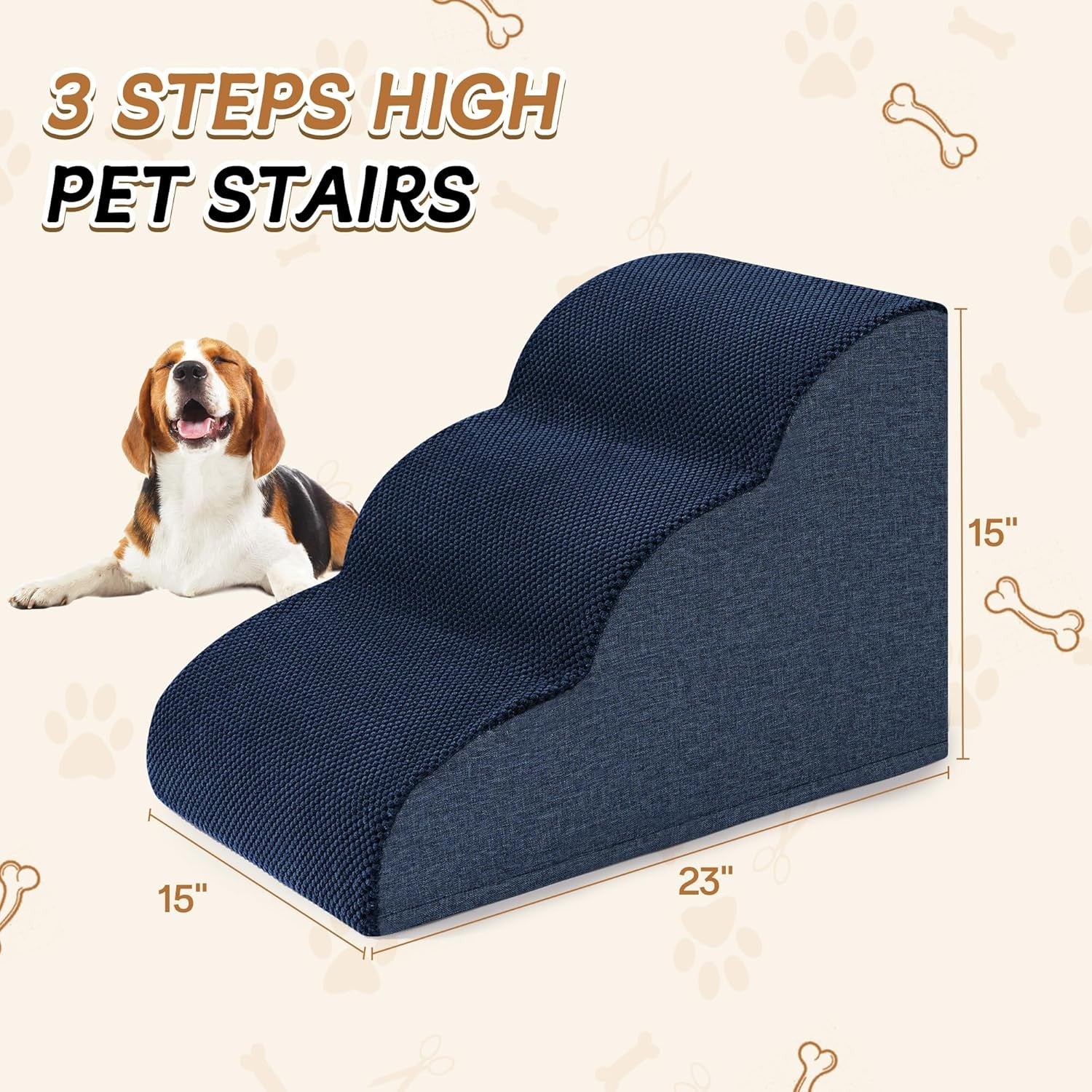 3 Step Dog Stairs Non Slip Pet Ramp for Bed Sofa Washable Navy