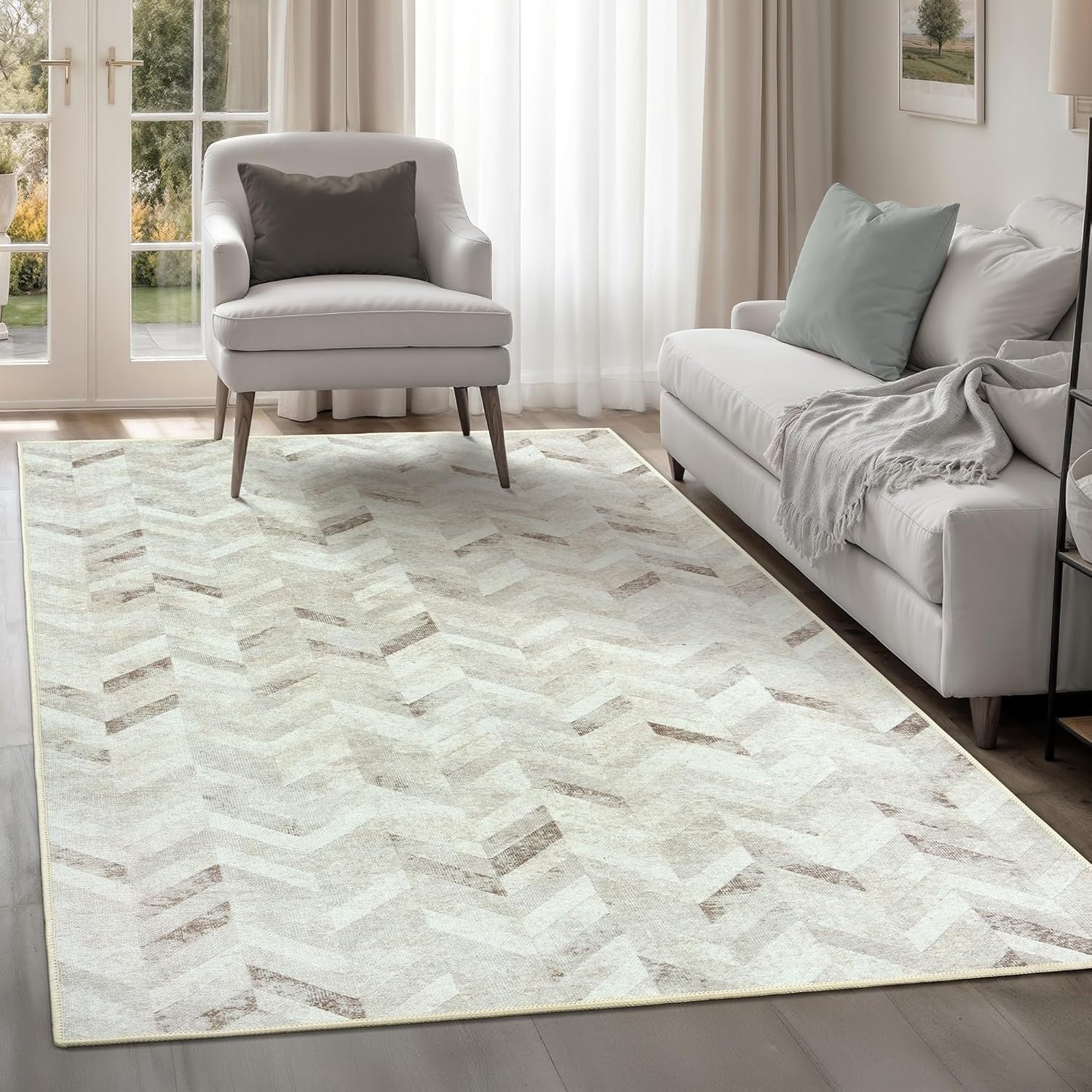 Washable Rug 122x170cm Non-Slip Soft Short Pile Modern Cream Pattern Carpet
