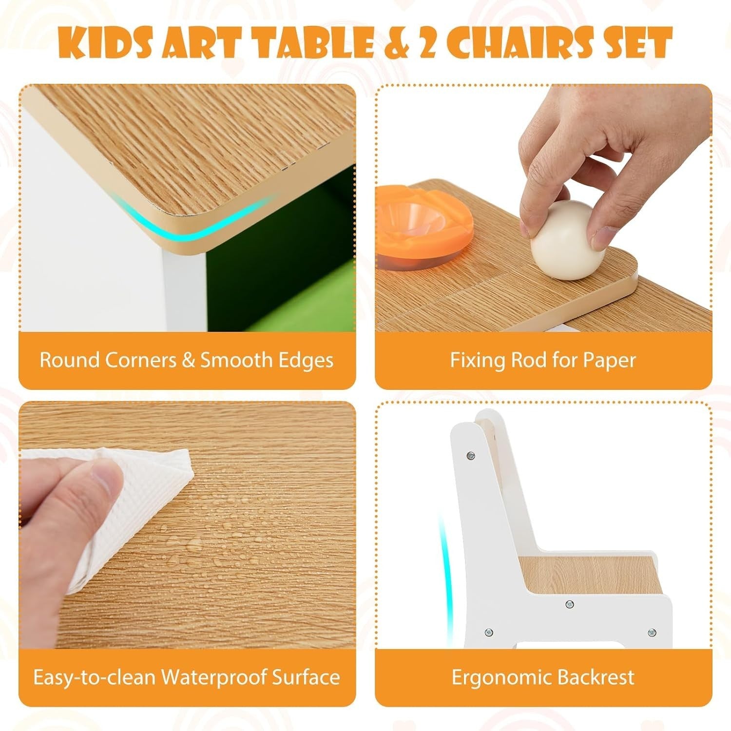 Kids Art Table and Chairs Set with Storage Box Paper Roller Drawing Desk 5 Cups