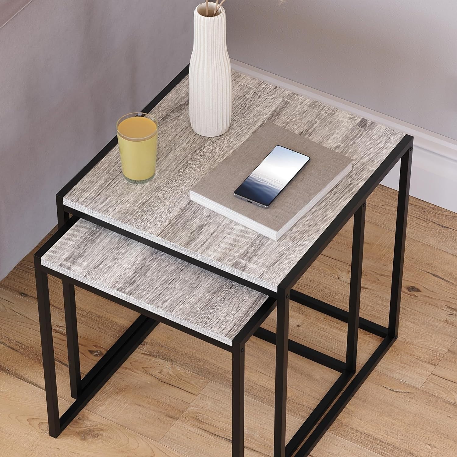 2x Grey Industrial Nesting Tables Set Metal Frame Engineered Wood Side End Coffe