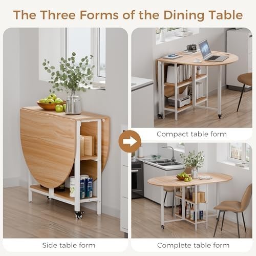 Oak & White Folding Dining Table Drop Leaf Mobile 4-6 Seat 140cm
