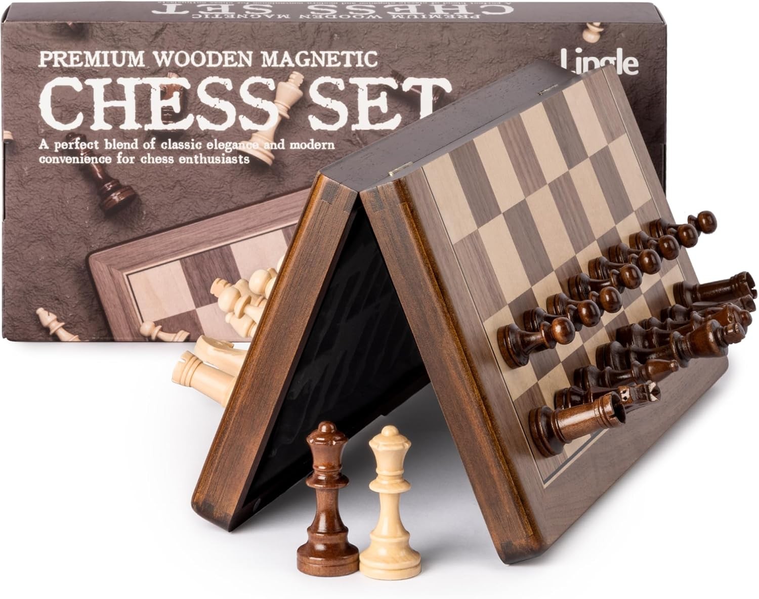 15" Magnetic Wooden Chess Set Foldable Travel Board 3" Pieces + Storage