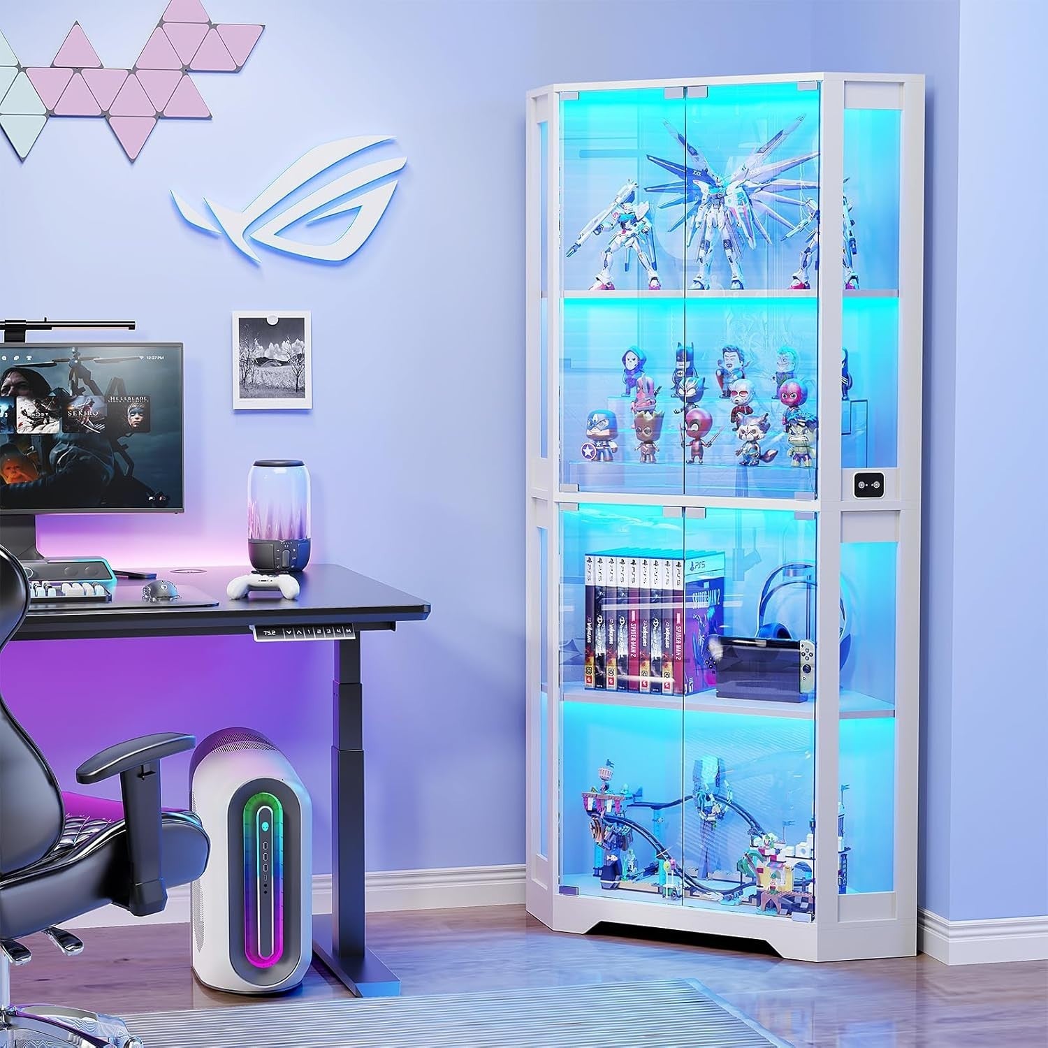 Corner Glass Display Cabinet with LED Lights, Sensor, Lock, 85x36x165cm