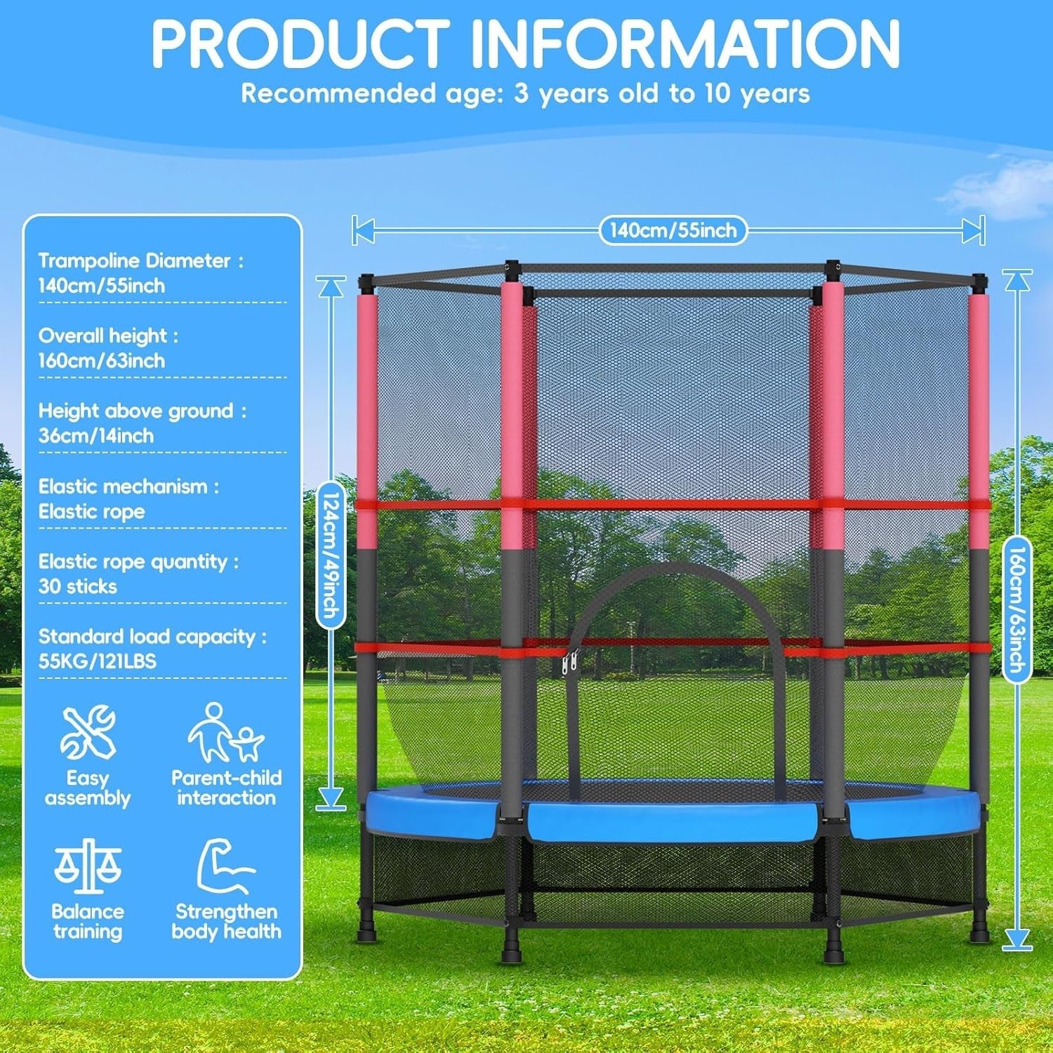 Blue Toddler Trampoline 140cm with Safety Enclosure Indoor Outdoor
