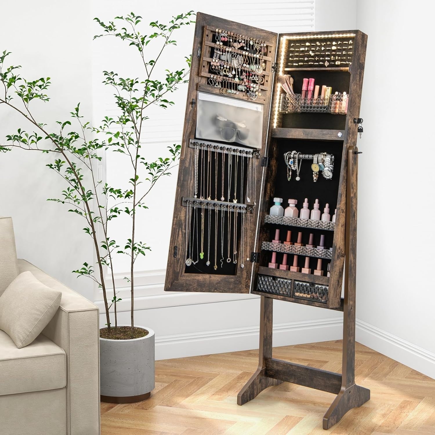Rustic Brown LED Jewelry Cabinet Mirror Lockable 3-Color Light Storage