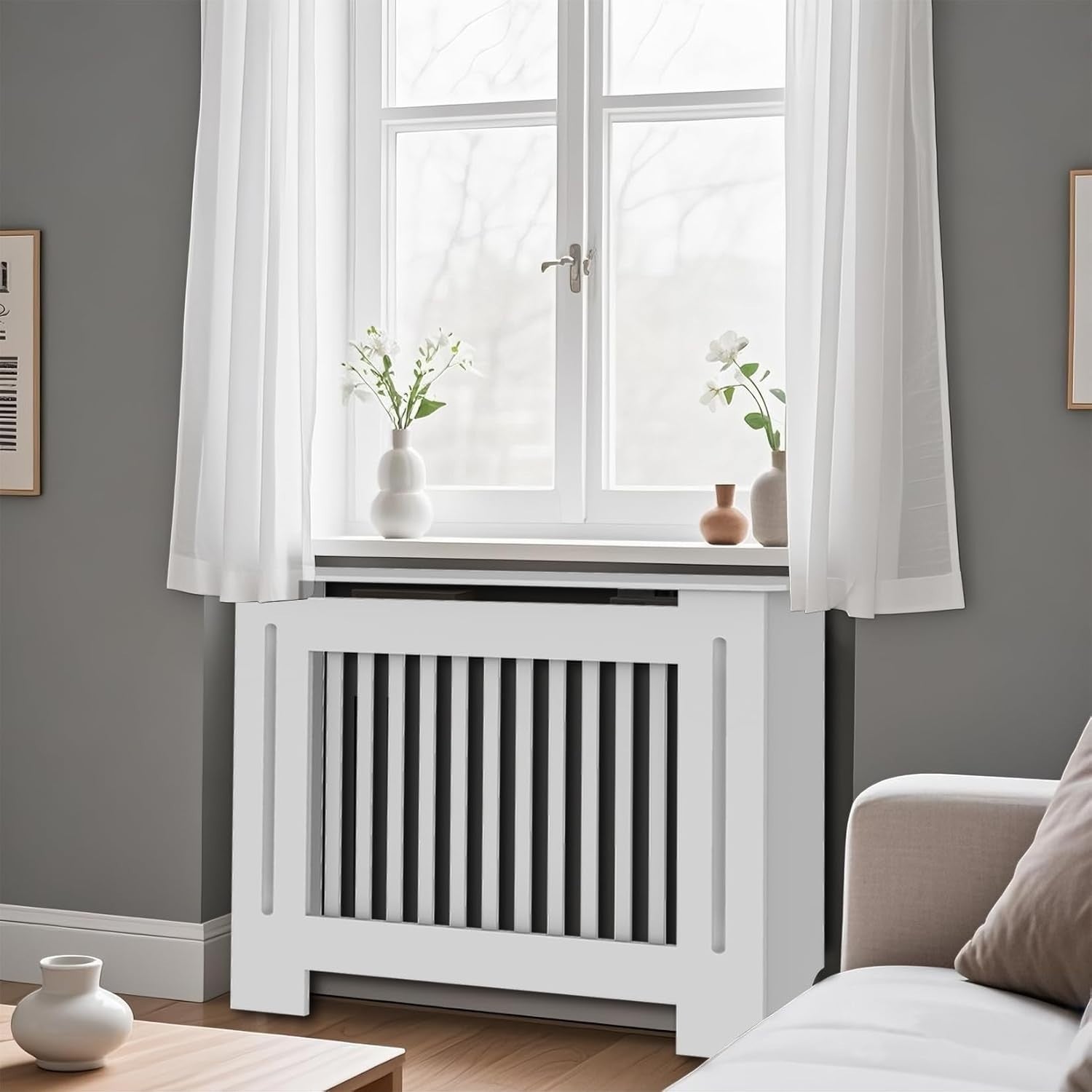 Medium White Radiator Cover Cabinet 101cm Tall MDF Vertical Slat Heater Cover