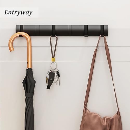 Black Wall Mounted Coat Hook Rack 6 Hooks Foldable Heavy Duty Metal Hanger