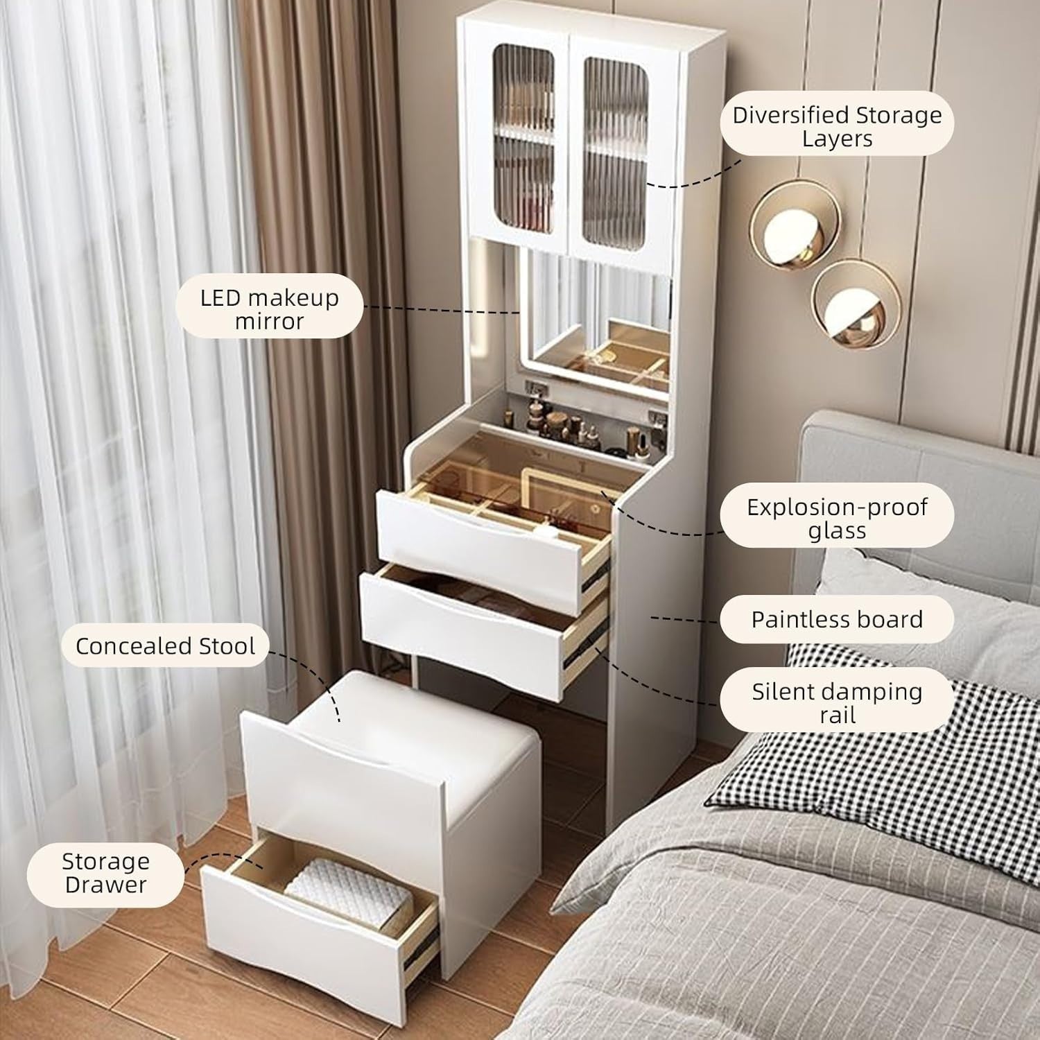 3-in-1 Vanity Desk Makeup Table w/Mirror, Drawers, Light, Storage Stool
