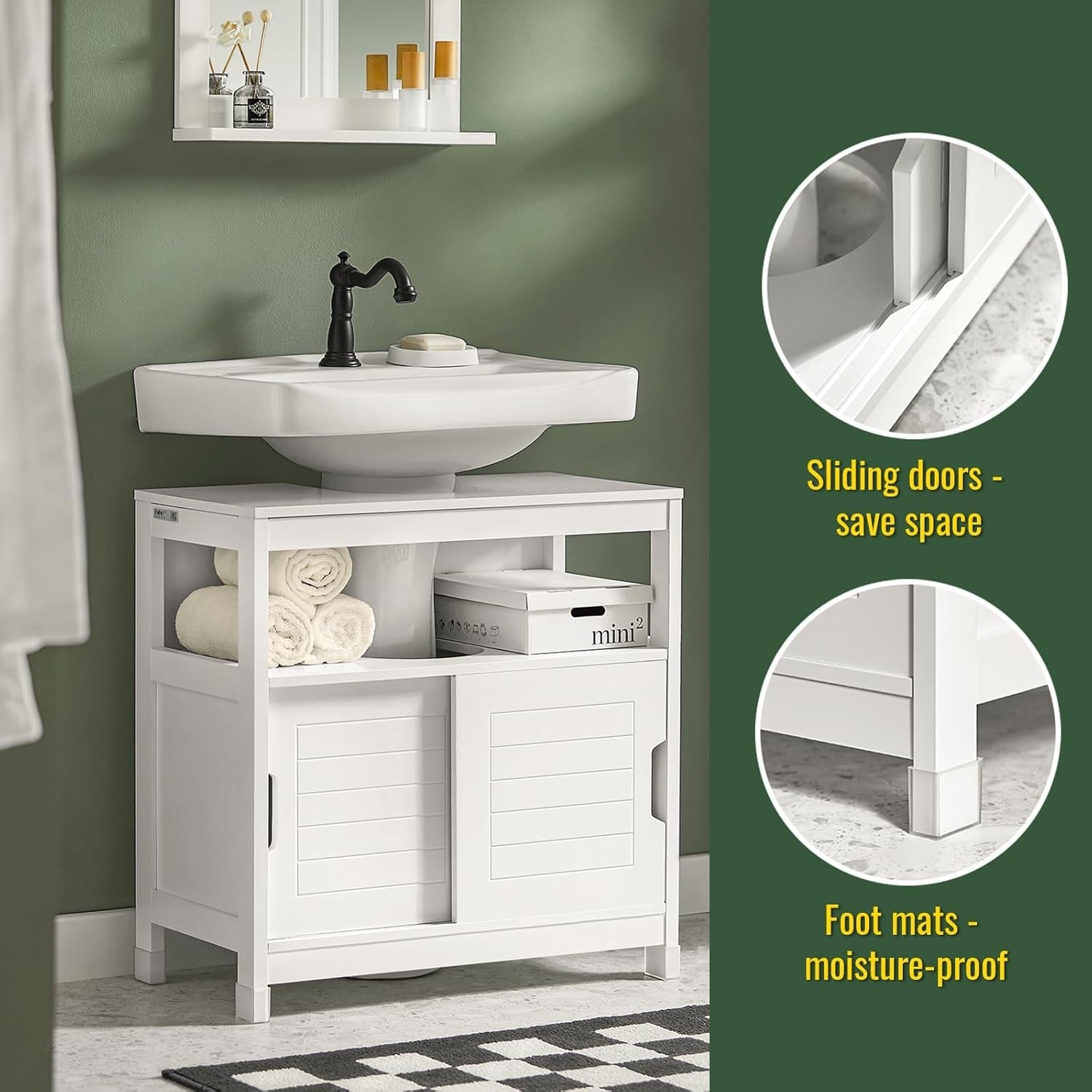 White Under Sink Bathroom Cabinet with Sliding Doors Storage Cupboard