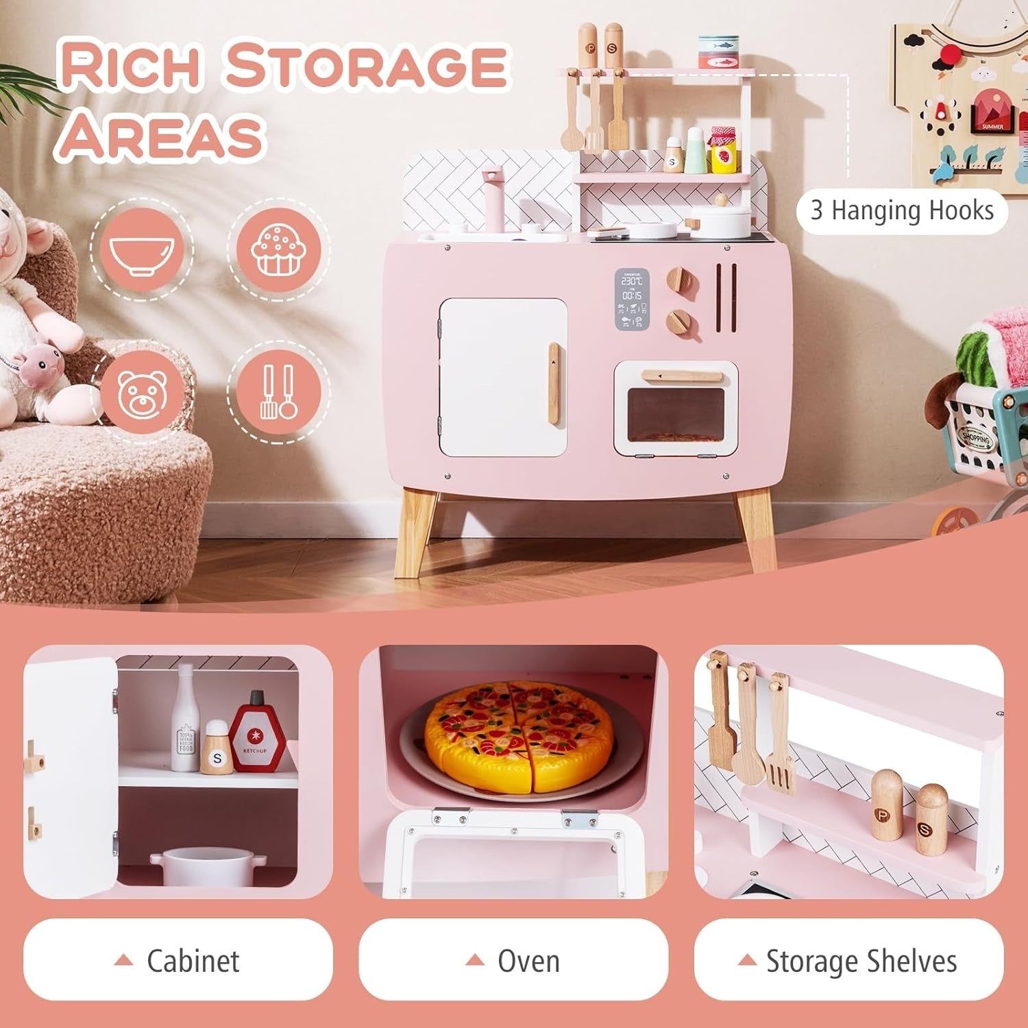 Kids Wooden Play Kitchen Pink w/ Oven Sink Stove Accessories