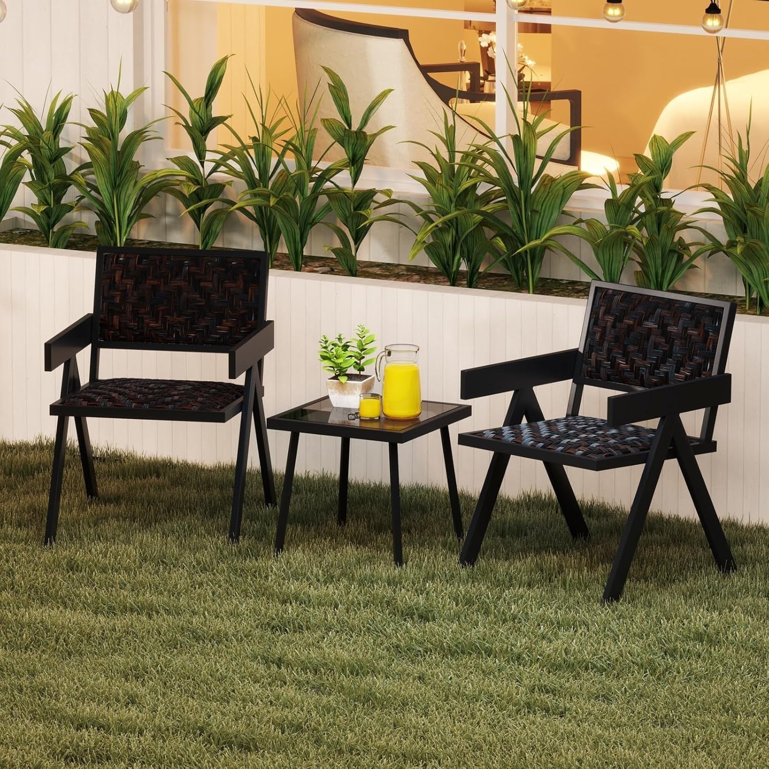 Compact Outdoor Rattan Bistro Set Quick-Dry Chairs Coffee Table Patio
