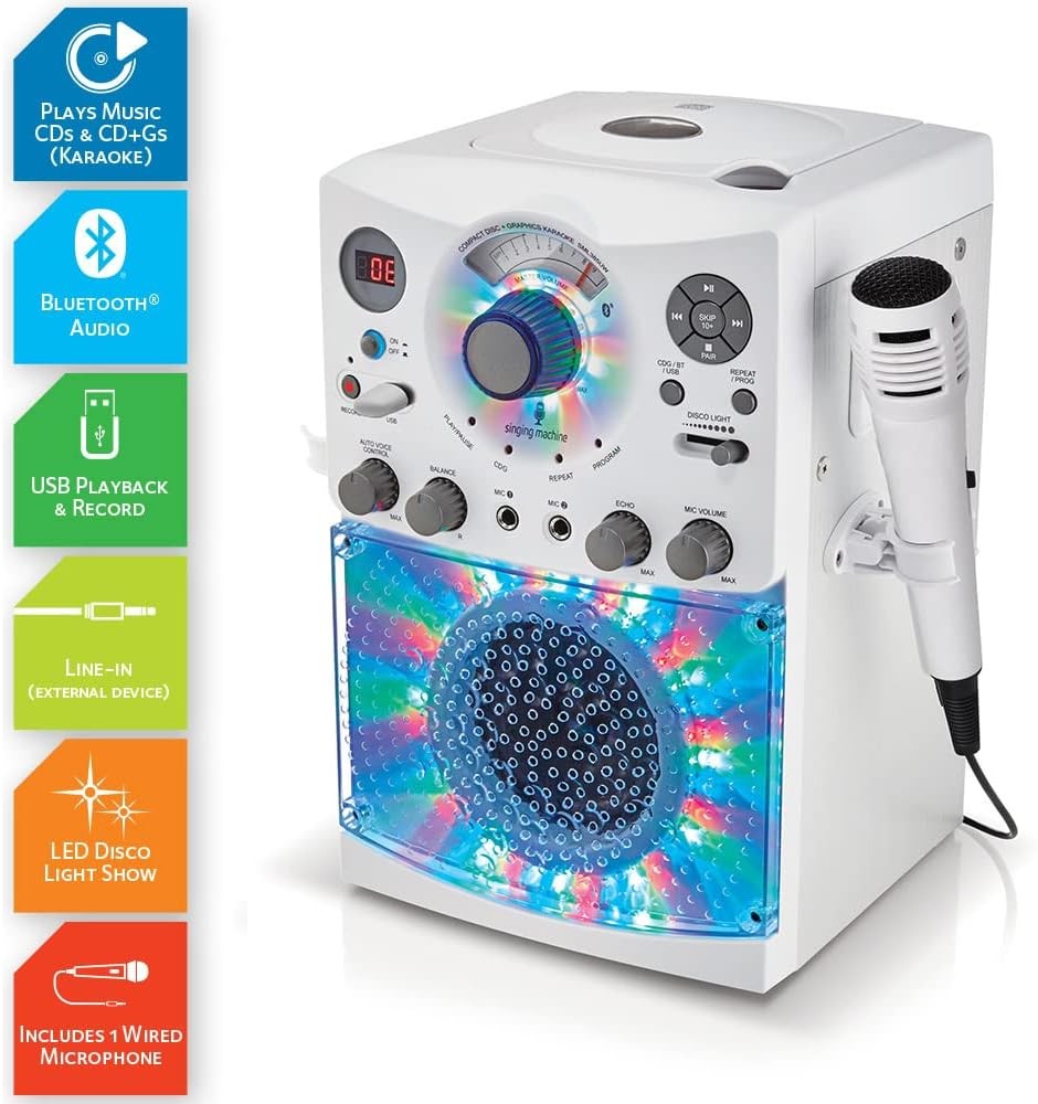 Bluetooth Karaoke Machine CD+G USB LED Lights Mic White