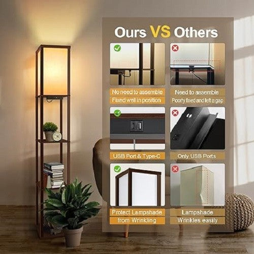 Floor Lamp with Shelves USB Type C Dimmable LED Wooden Standing Light