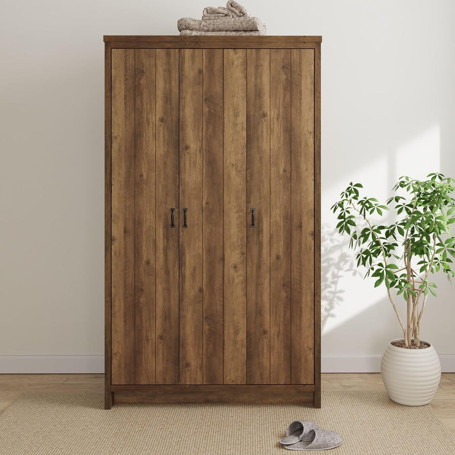3 Door Oak Wardrobe Hanging Rail Shelves Storage Unit Bedroom Modern