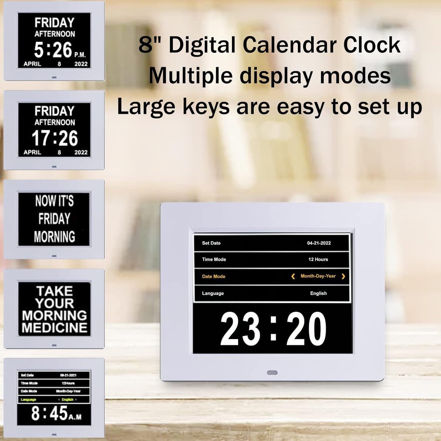 Digital Dementia Day Calendar Alarm Clock 8” Large Display White