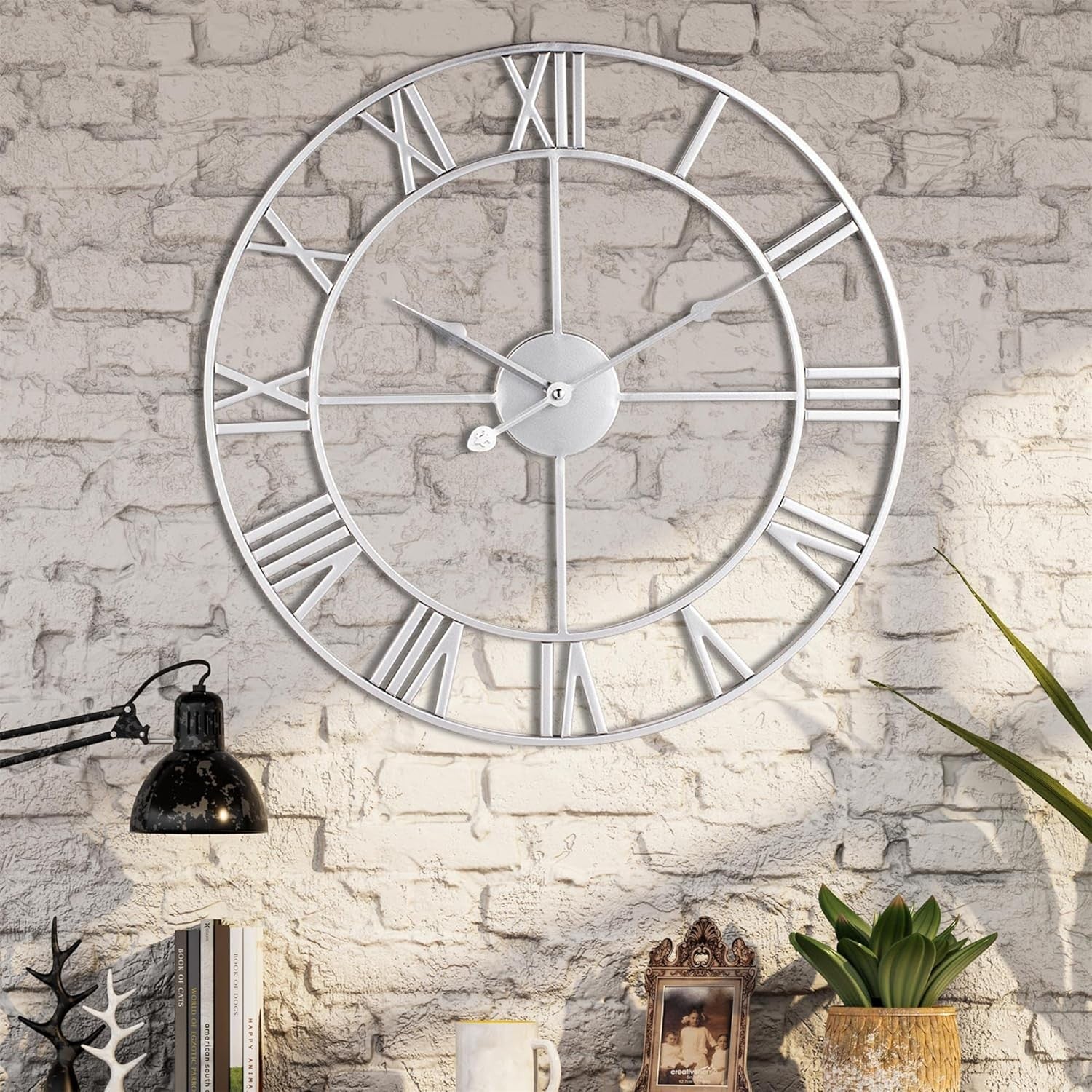 40cm Silver Roman Numeral Wall Clock Large Metal Silent Quartz Modern Decor