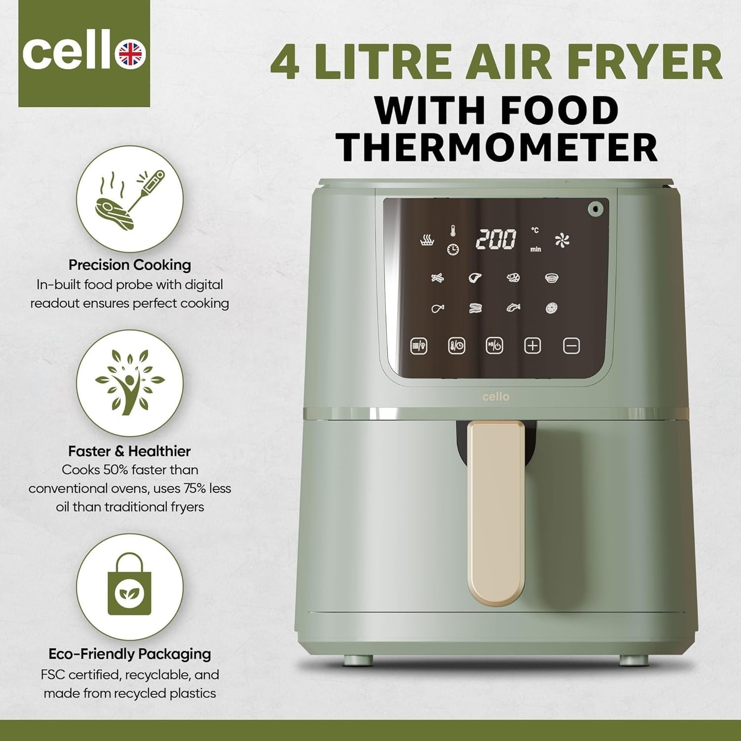 4L Green Digital Air Fryer 1400W | ProChef Thermometer | 8 Presets | Compact