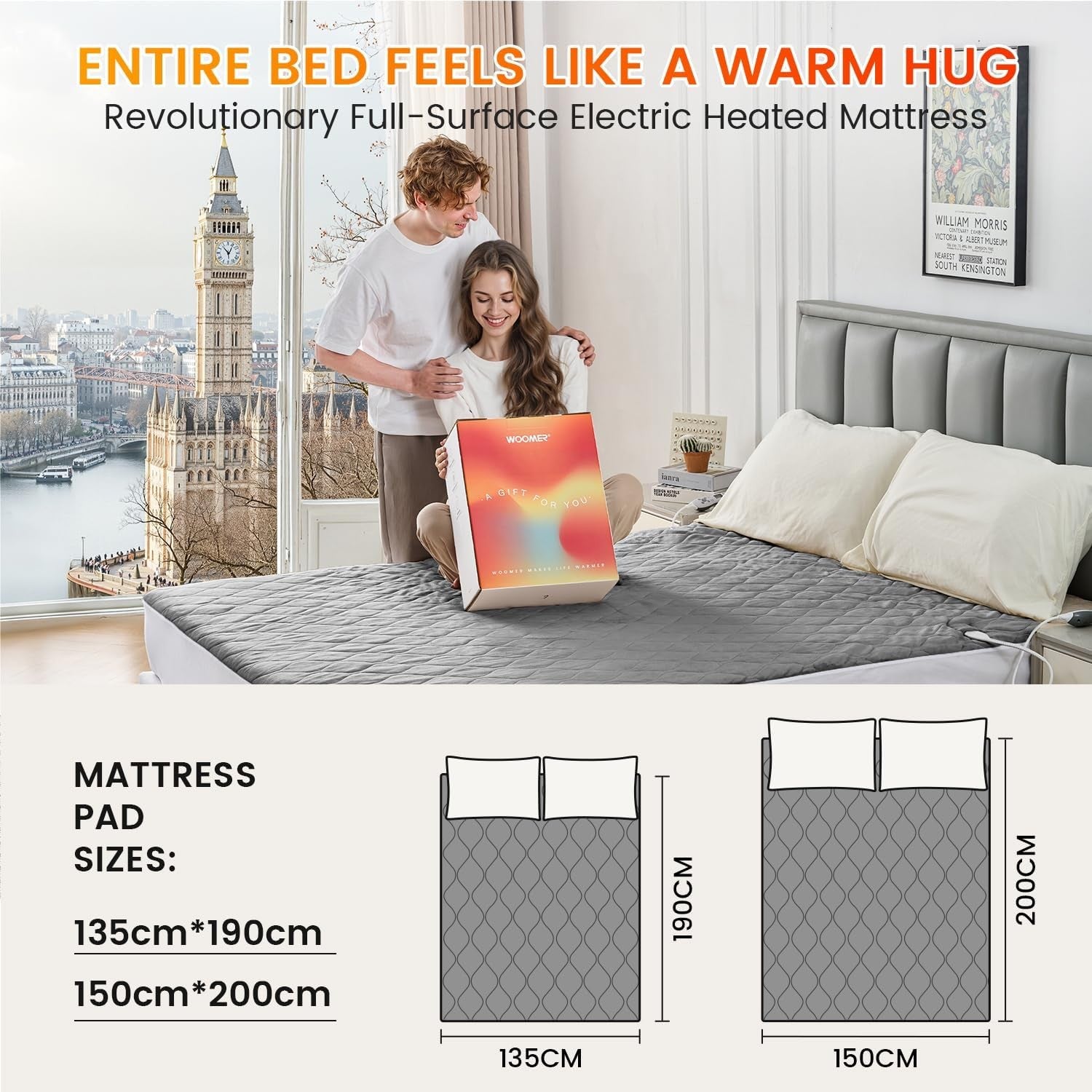 Electric Heated Underblanket Double 135x190cm Dual Control 10 Heat Dark Grey