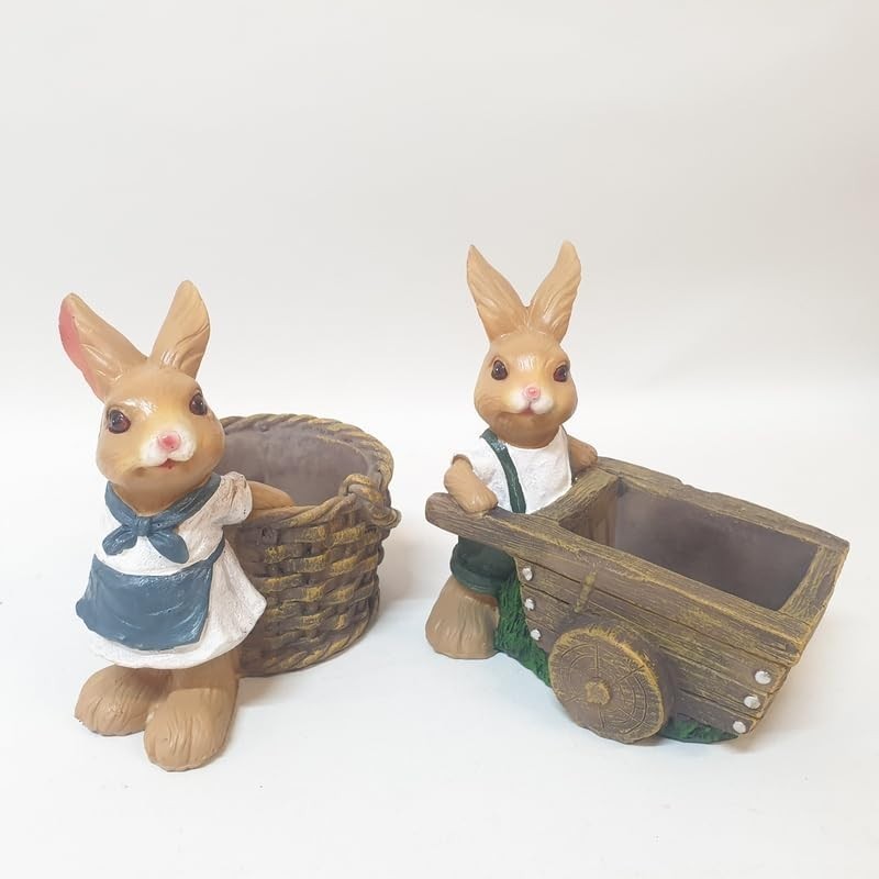 Set of 2 Rabbit Garden Ornaments • Resin Outdoor Figurines with Cart & Basket