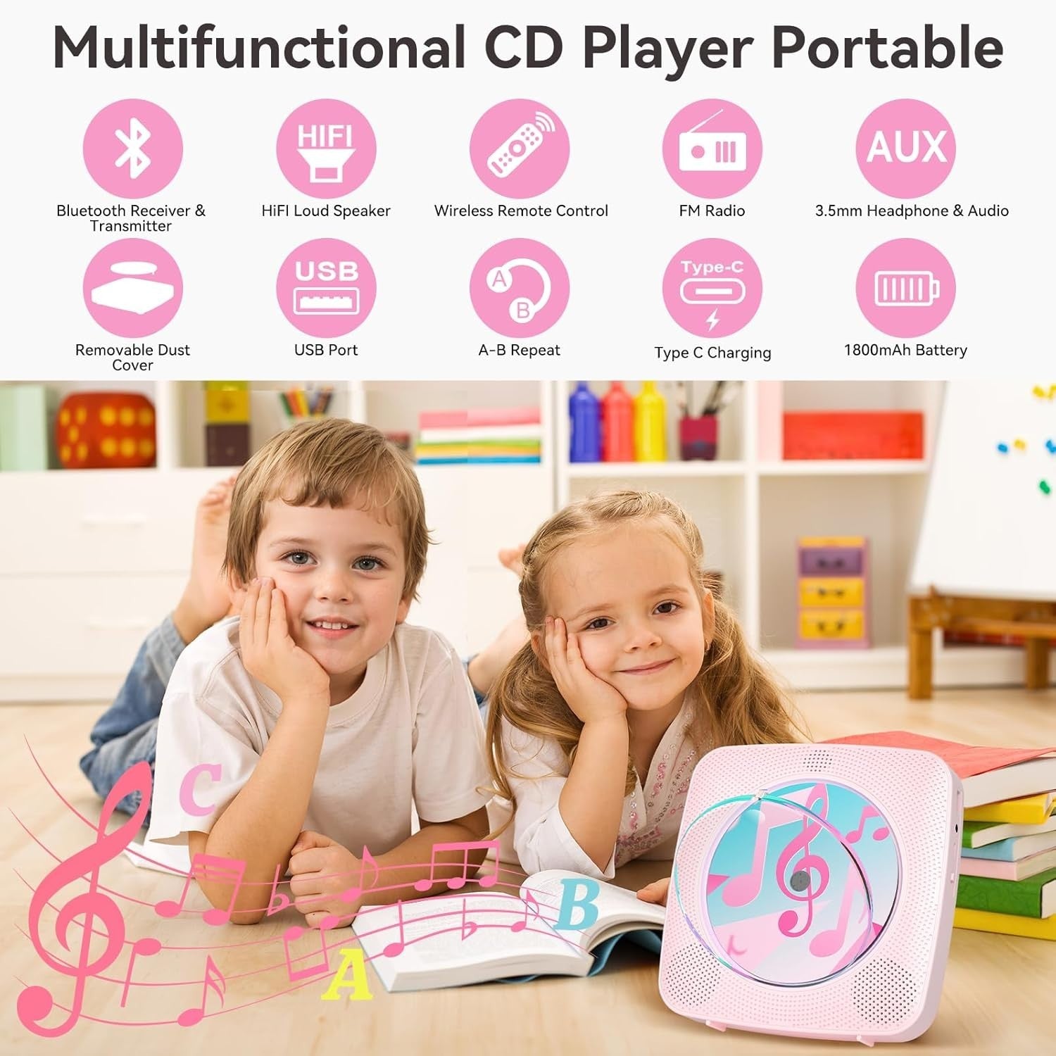 Portable CD Player Bluetooth Speakers FM Radio USB AUX Remote Pink