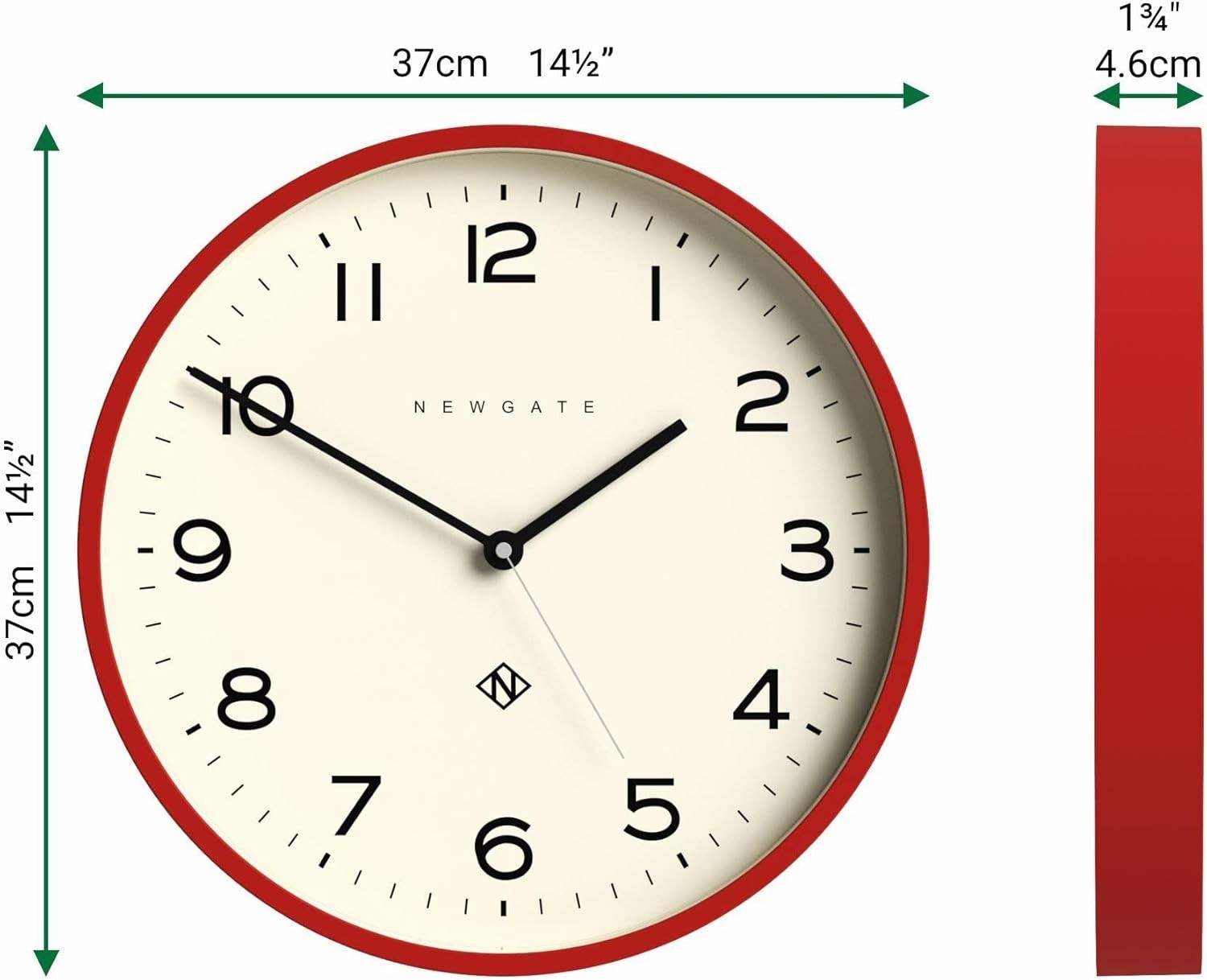 Large 37cm Red Round Wall Clock | Silent Sweep Quartz | Kitchen, Living Room