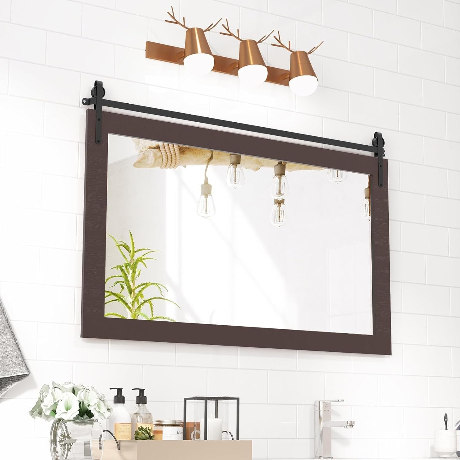 Barn Door Wall Mirror Walnut 101x66cm Rustic Farmhouse Wood Vanity Decor