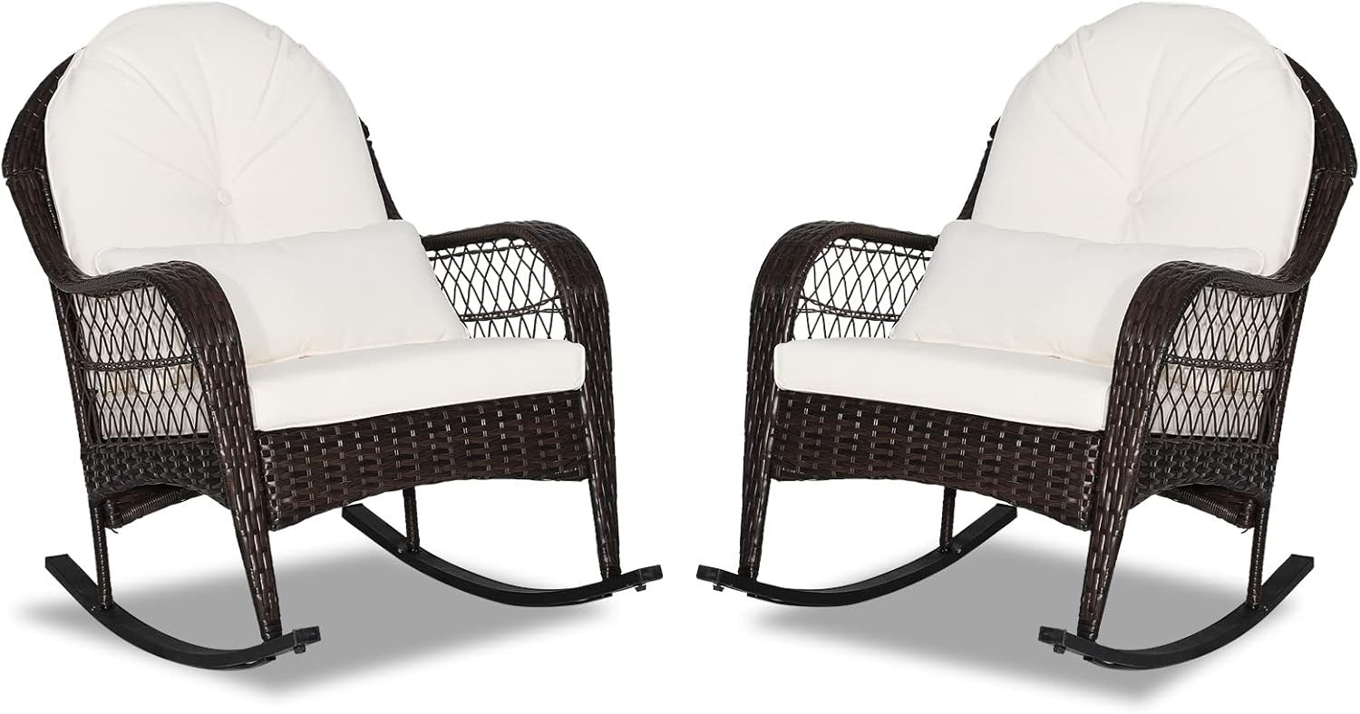 White Rattan Rocking Chair Cushioned Patio Garden Porch Outdoor Relax Armchair