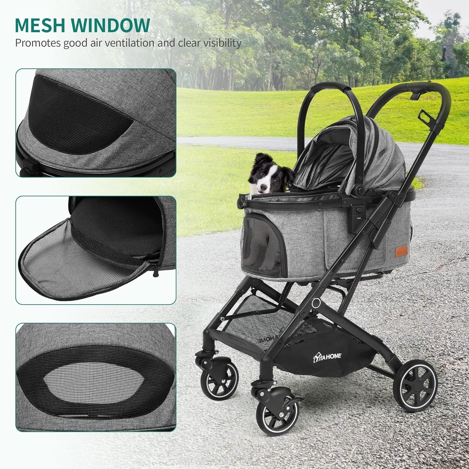 Foldable Pet Stroller for Medium Dogs up to 15kg Detachable Carrier Grey