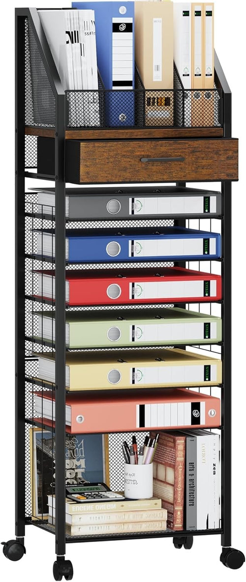 9-Tier Rolling File Cart with Drawer & Trays – Mobile Desk Organizer