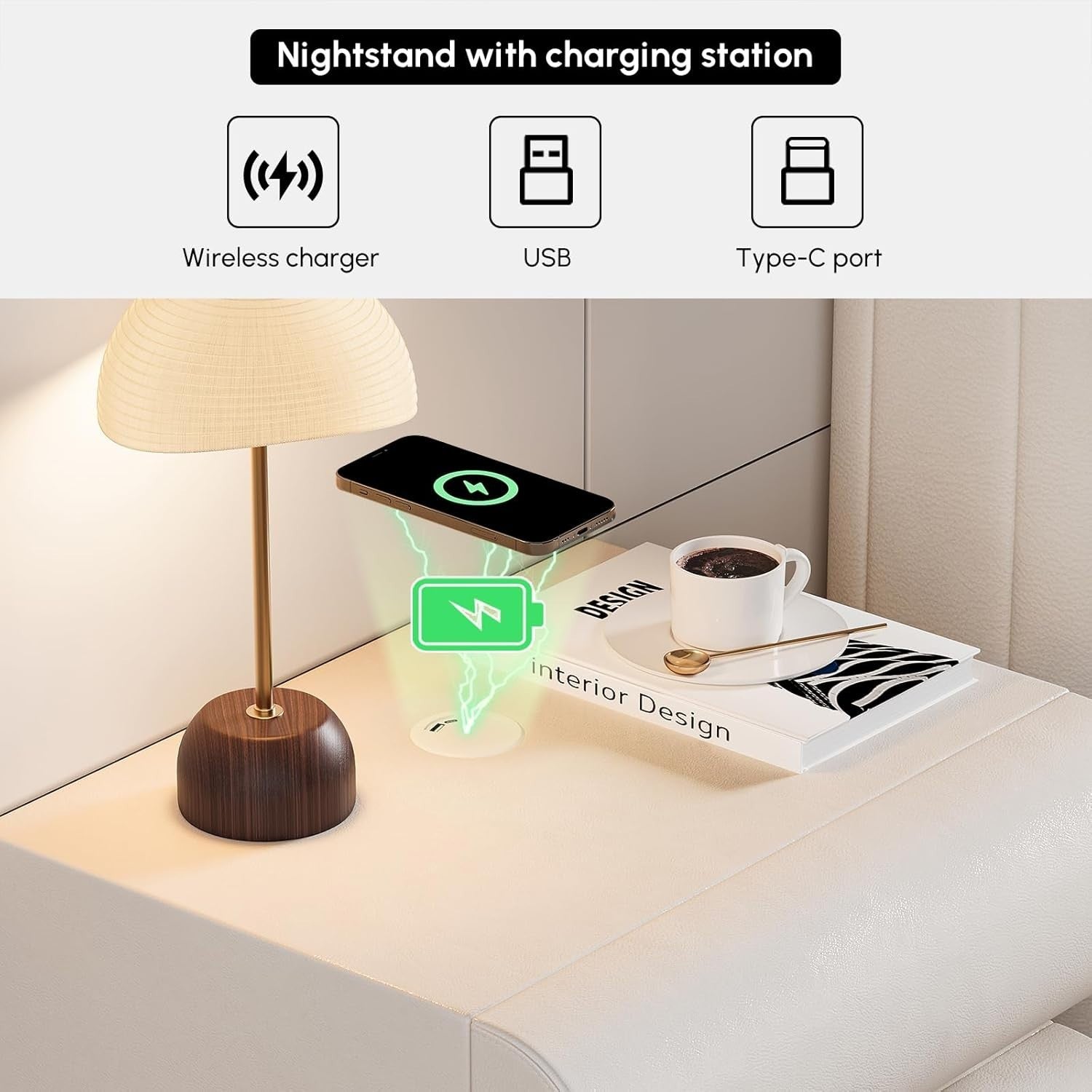 Luxury 3 Drawer Bedside Table with Wireless Charger USB Type-C
