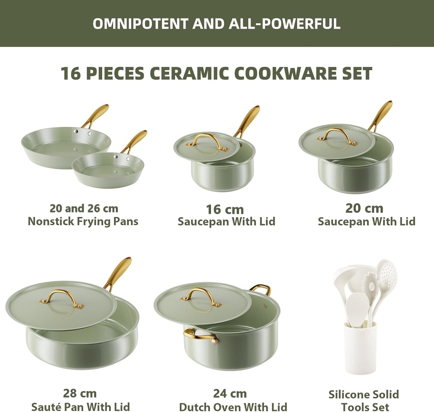 16Pcs Green Ceramic Non Stick Cookware Set with Lids & Utensils Induction Safe