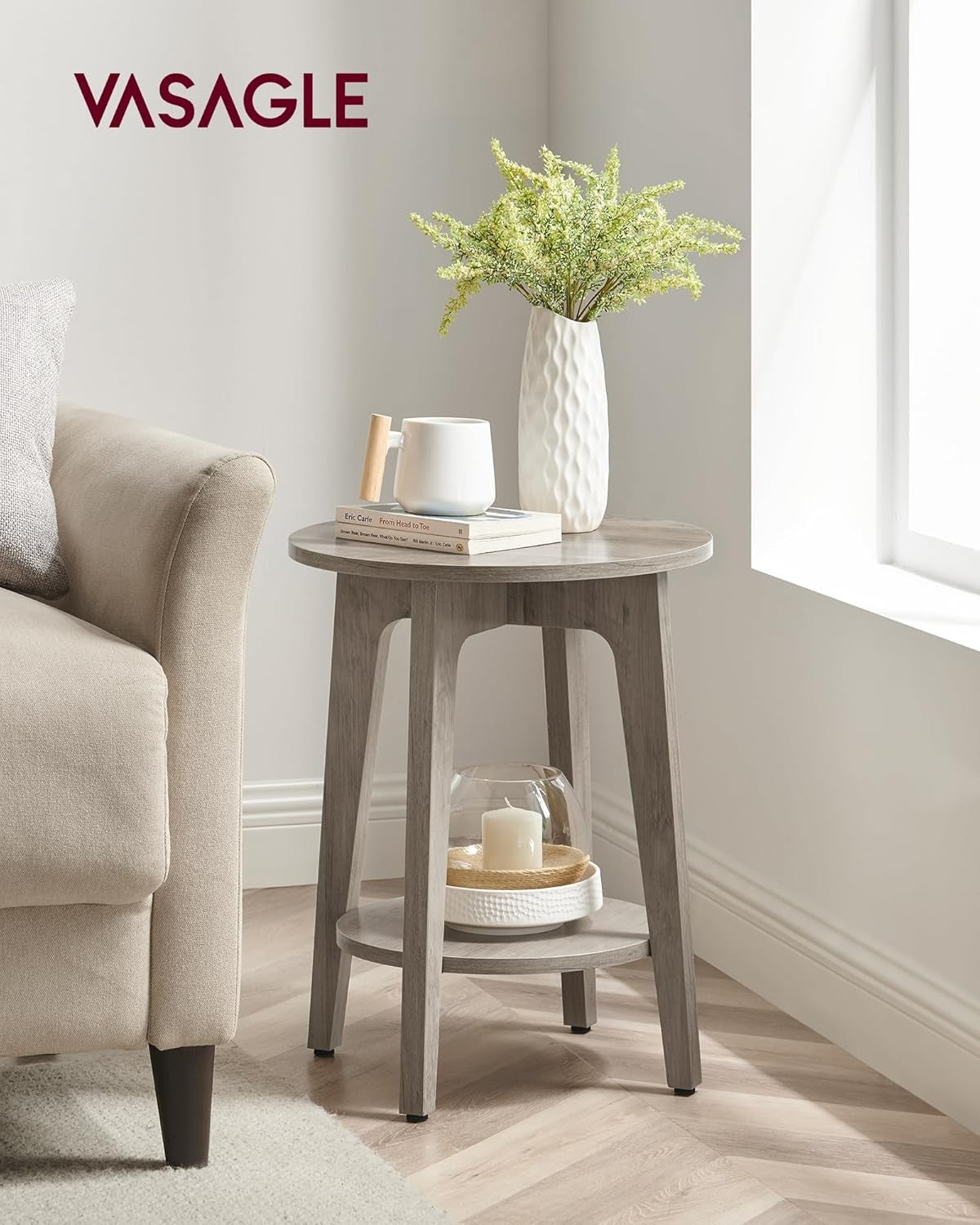 Small Round Side Table with Shelf, Space-Saving Bedside End Table, Wood Look