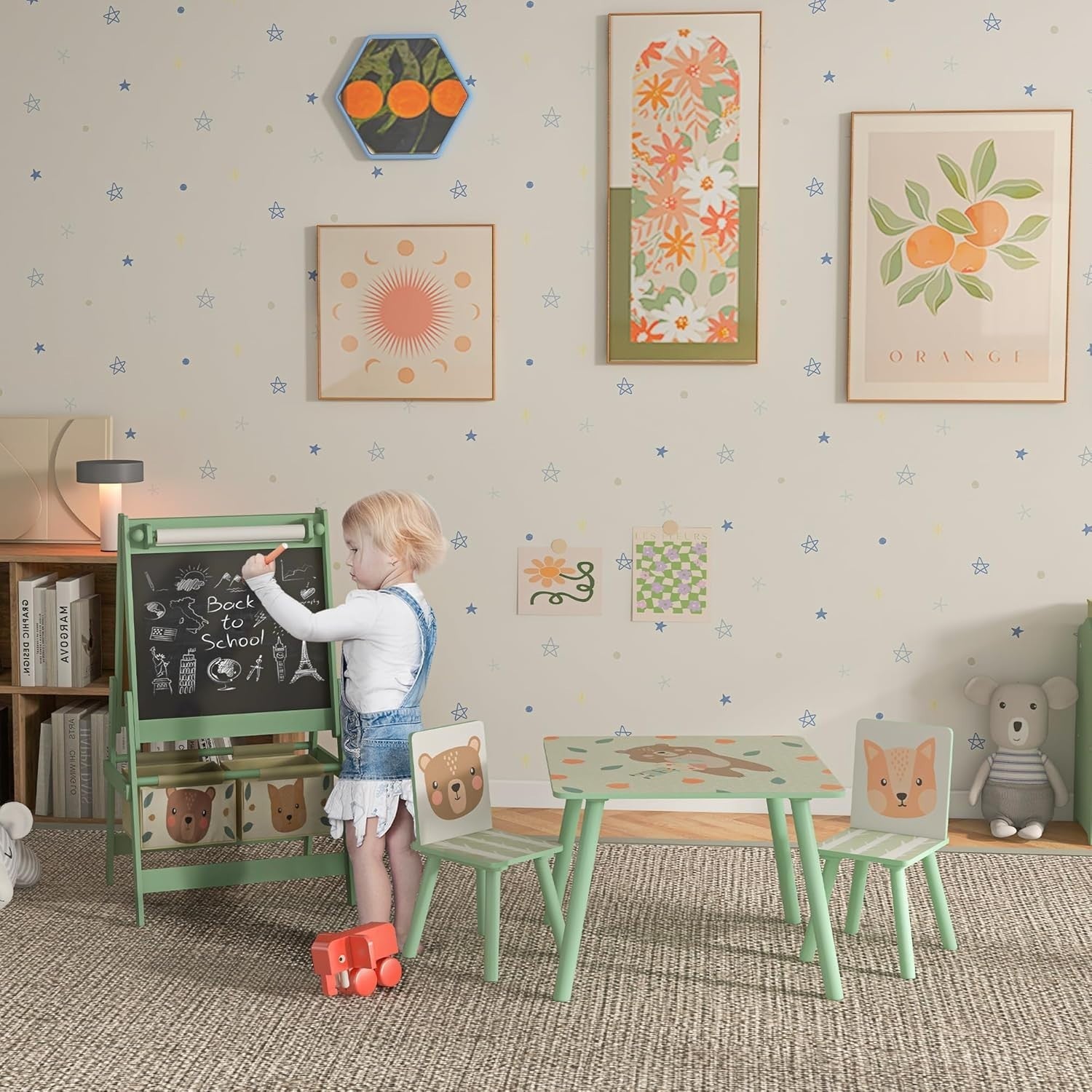 Kids Table & Chairs Set with Easel, Chalkboard & Paper Roll, Sturdy Pine