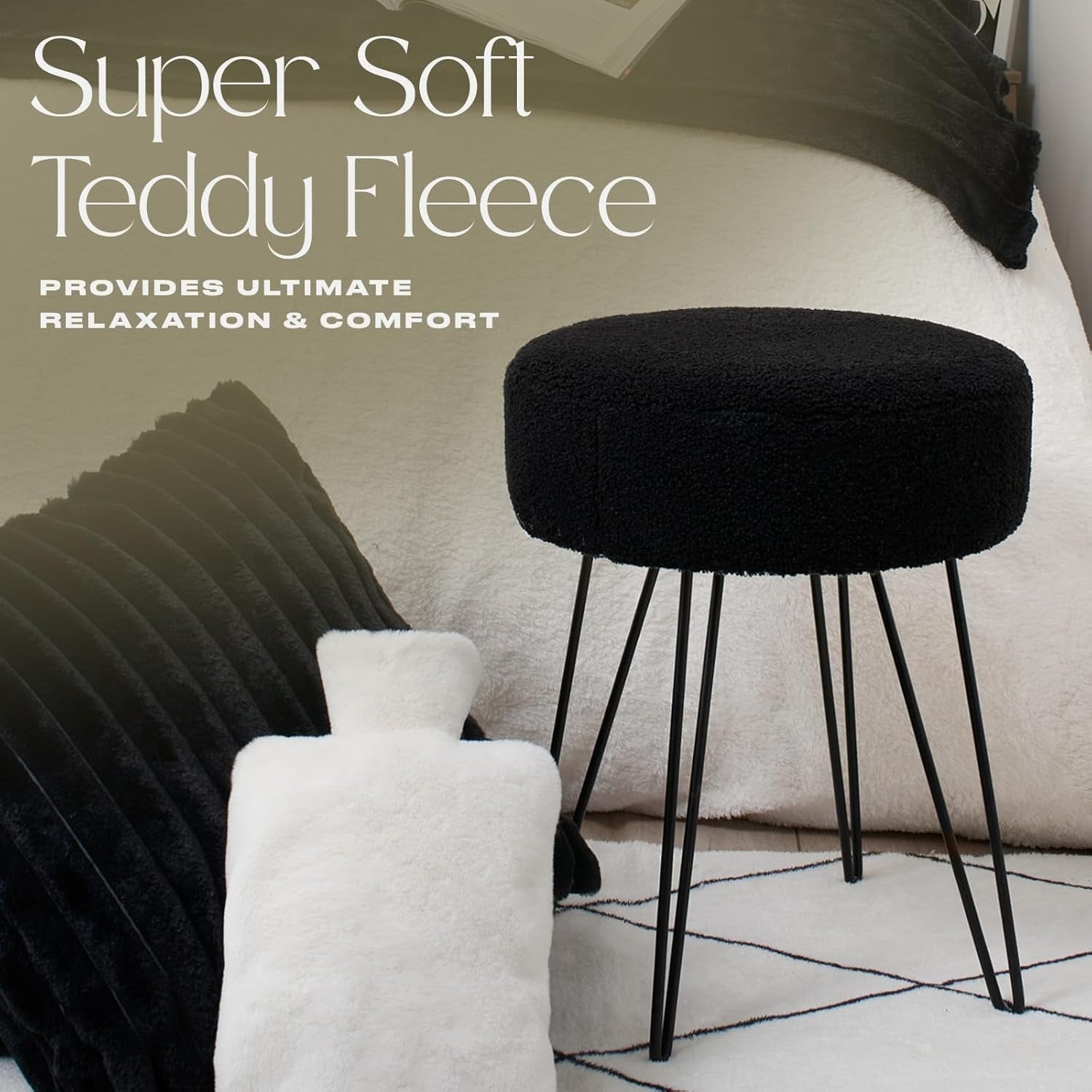 Black Bouclé Round Stool Modern Padded Pouffe Footrest Hairpin Leg Seat