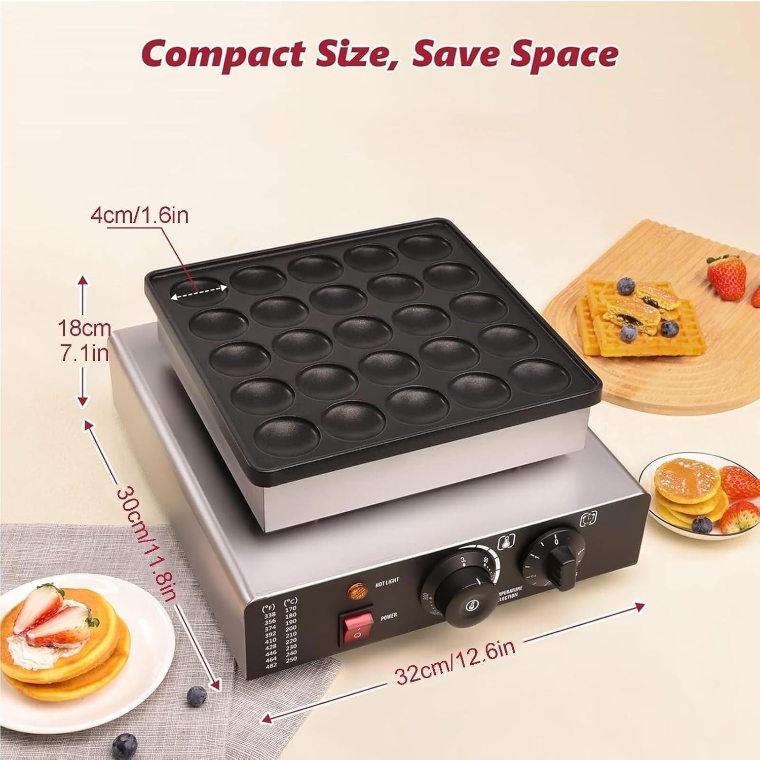 850W Mini Electric Pancake Maker 25-Hole NonStick Waffle Machine Adjustable Temp