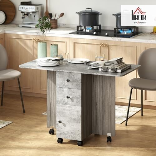 Folding Drop Leaf Dining Table on Wheels with Storage Drawers Cabinet Grey