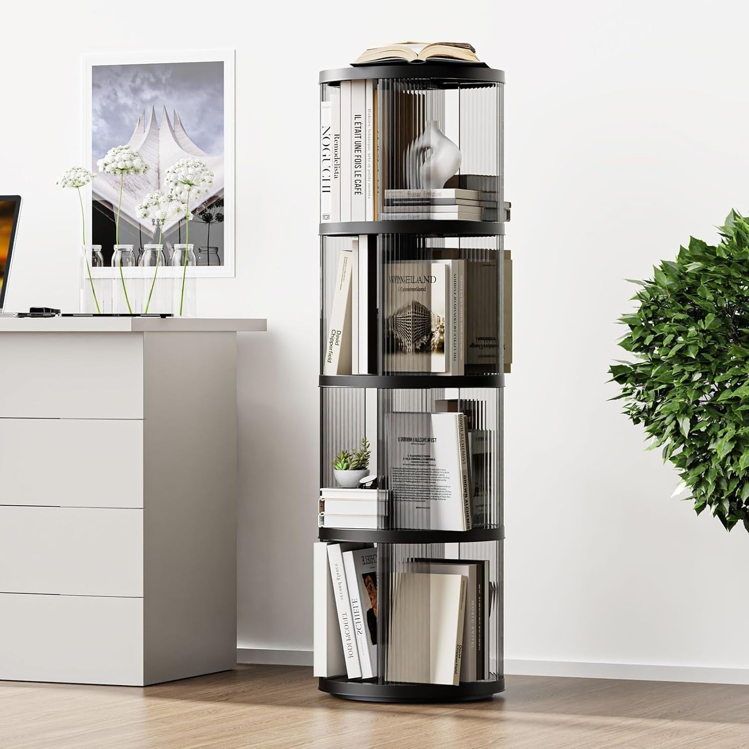360° Rotating Round Plastic Bookshelf 4-Tier Space-Saving Floor Shelf