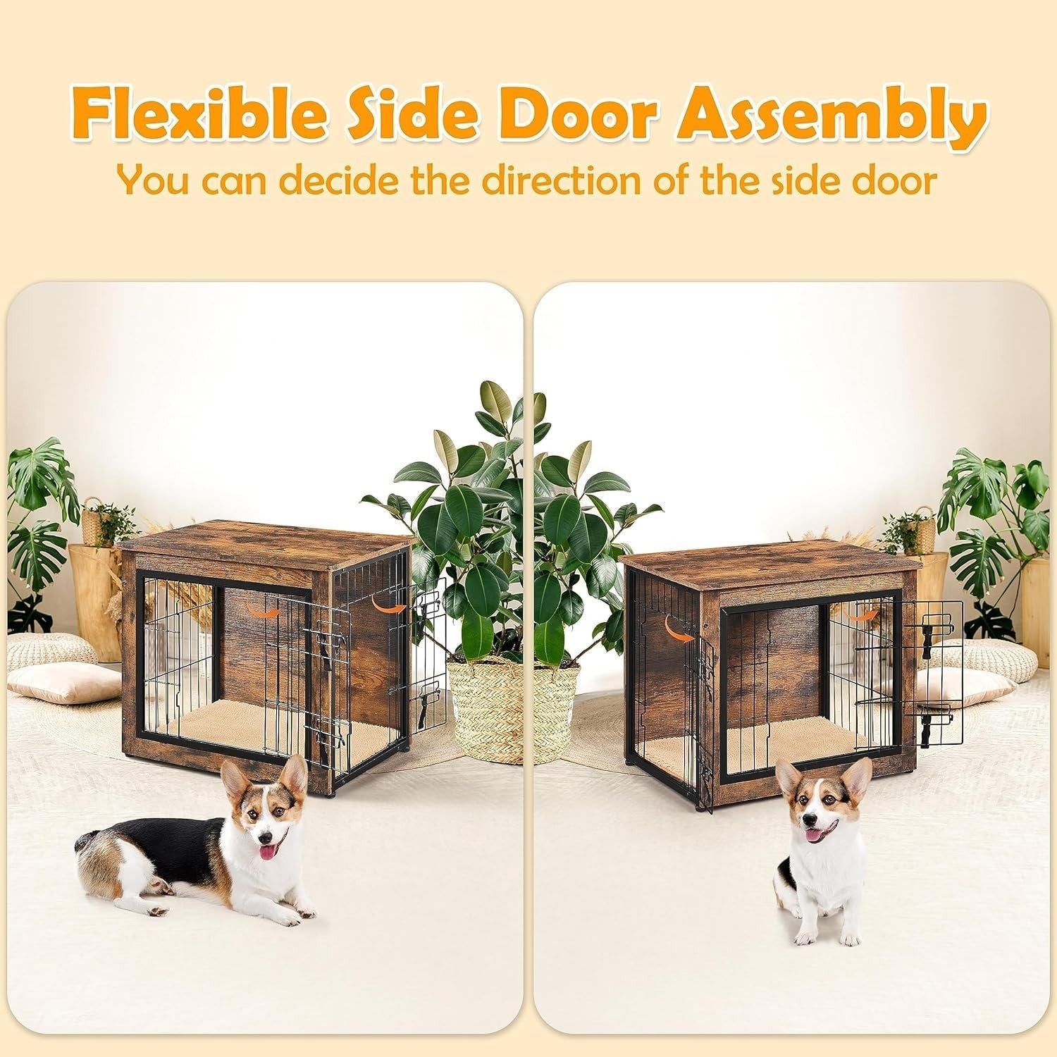 Rustic Brown Small Dog Crate Furniture with Cushion & Double Doors 69x51x61cm