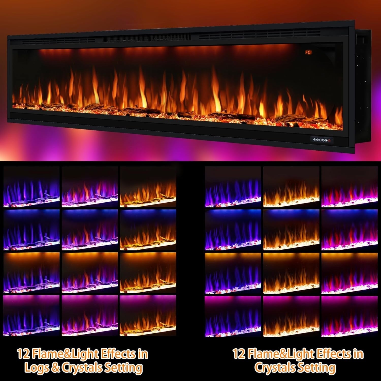 Slim Electric Fireplace Wall Mount Heater 74” Remote Timer Multicolor Flame