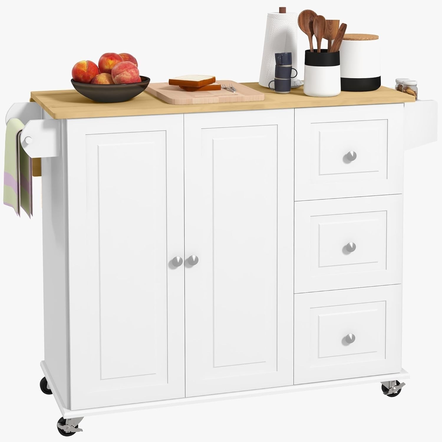 Rolling Kitchen Island Cart with Drop Leaf, 3 Drawers & Spice Rack, White