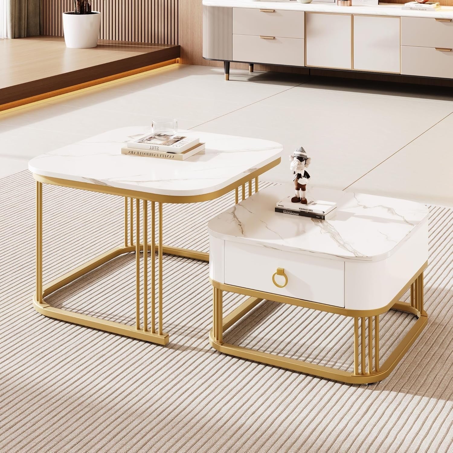 Square White Marble Nesting Coffee Table Set with Drawer – Gold Legs, Modern