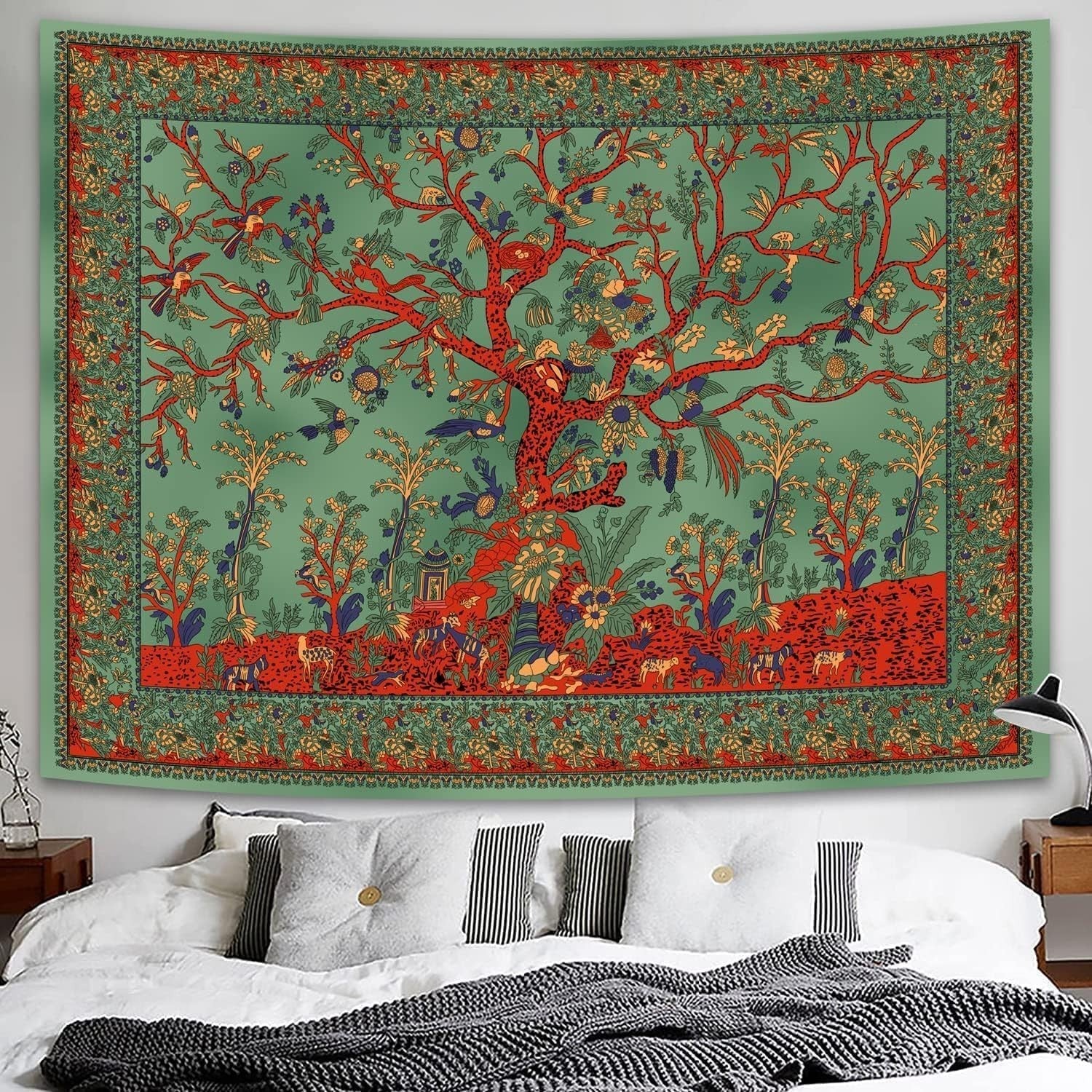 Tree of Life Tapestry Boho Wall Hanging HD Print Aesthetic Decor Green