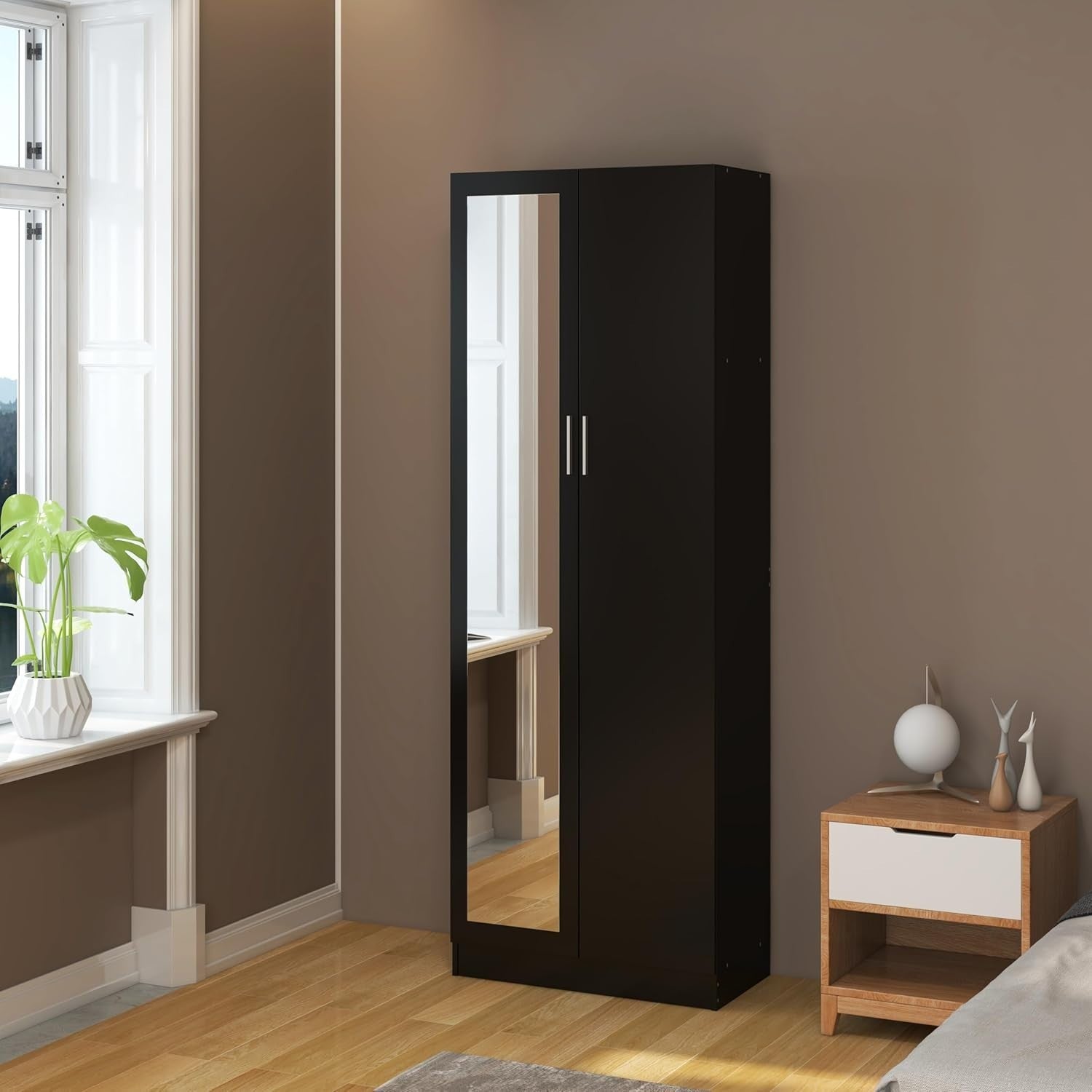 Black Mirrored Wardrobe 2 Door Storage Cabinet with Rail 170cm Tall