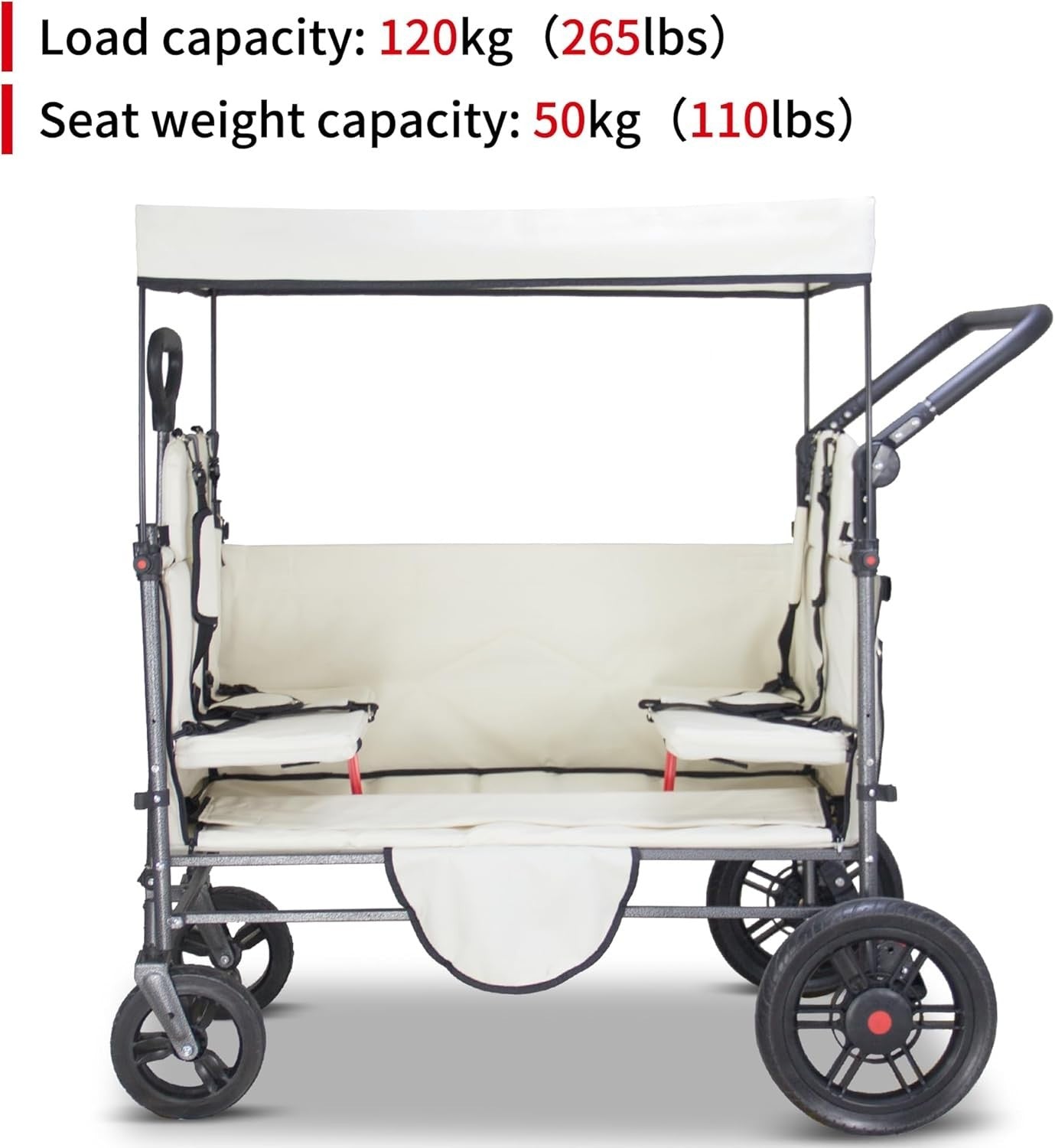 Side-Opening Folding Wagon 120kg Load w/ 2 Seats Canopy Big Wheels Brake Beige