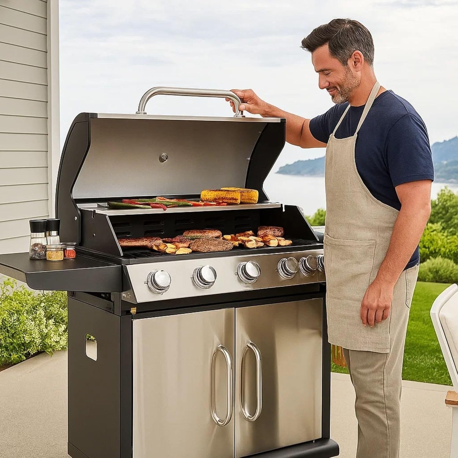 5 Burner Gas BBQ with Side Burner Cast Iron Cooking Grid Outdoor Garden Grill