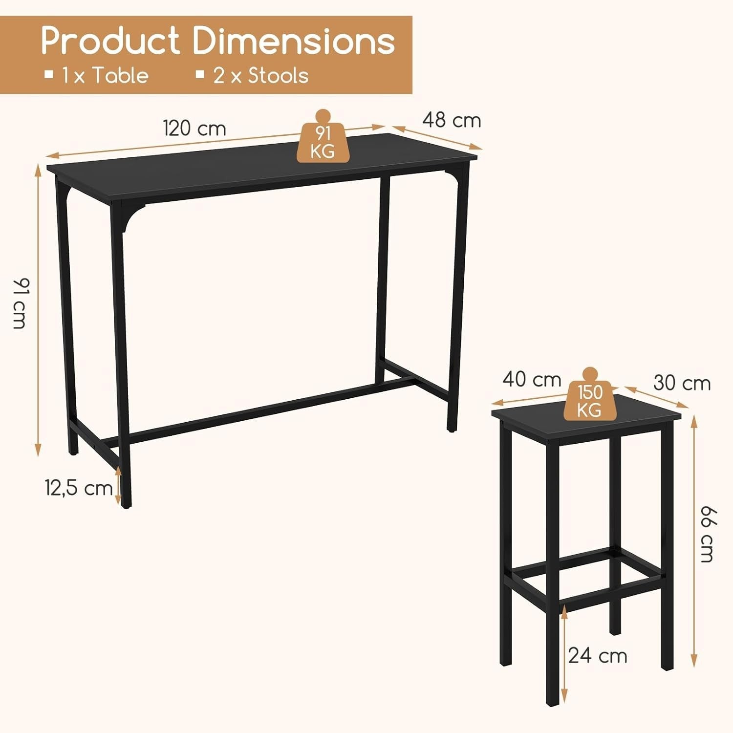 3 Piece Bar Table Set with 2 Stools Space Saving Counter Height Dining Black