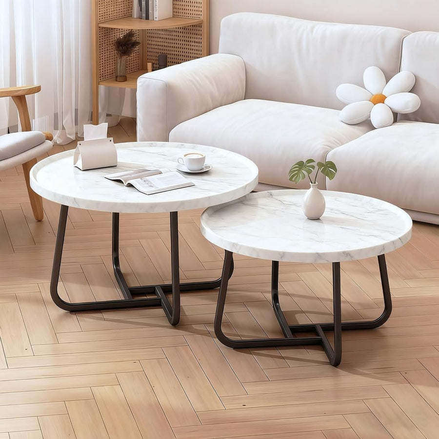 Square Coffee Table Set of 2 White Nesting Side Tables Carbon Steel Frame