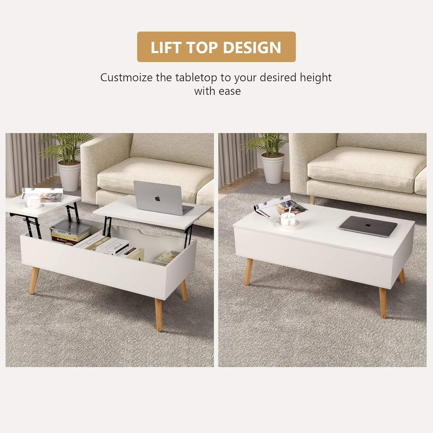 White Lift Top Coffee Table with Hidden Storage & Dual Work Surfaces