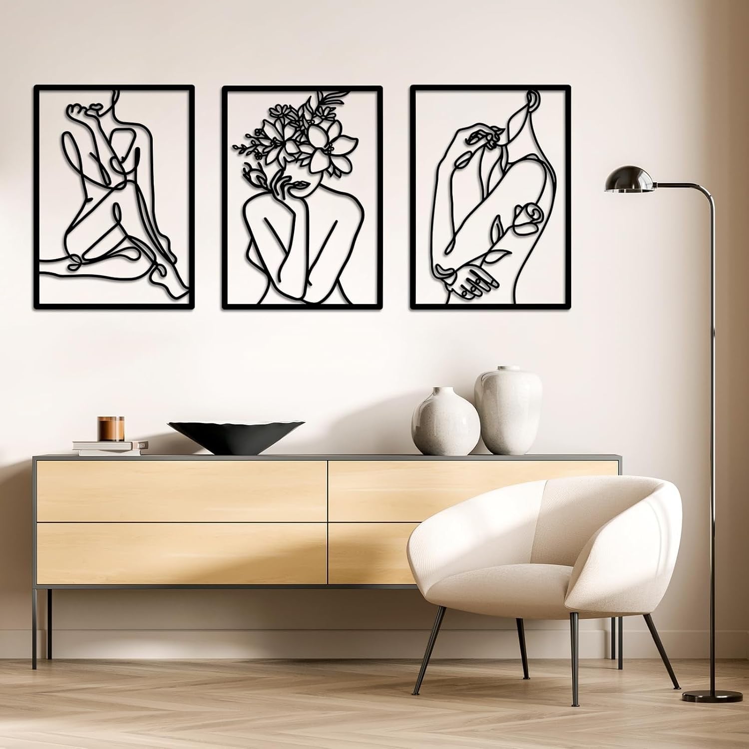 Black Metal Wall Art 3pc Abstract Female Line Panels