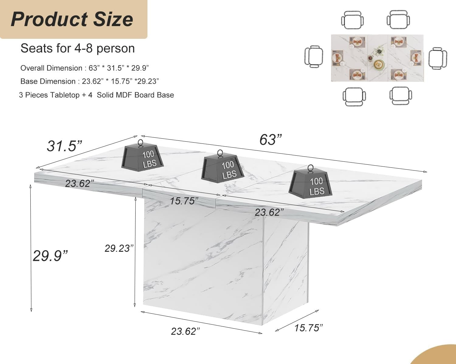 White Marble Effect Dining Table 160cm Modern 6 Seater Kitchen Table